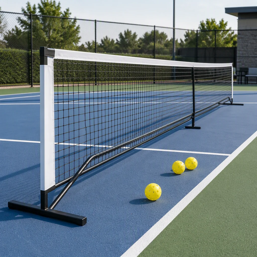 Portable pickleball net on an outdoor court