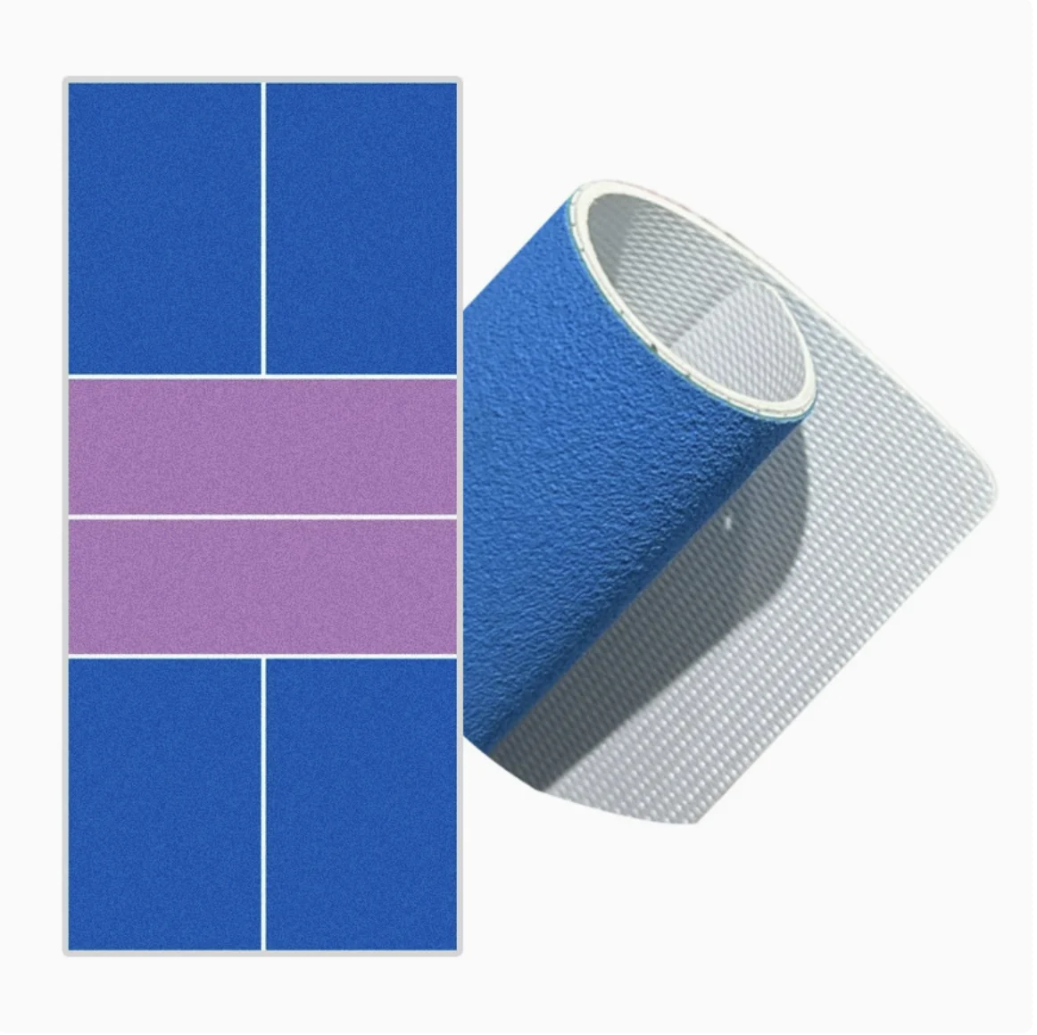 Portable PVC pickleball court flooring roll with blue and purple court layout