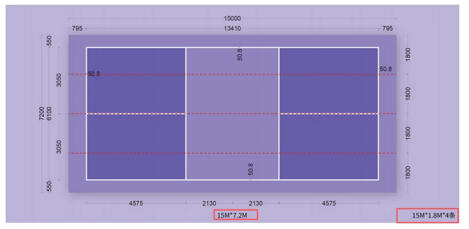 Pickleball court flooring dimension diagram, layout option one